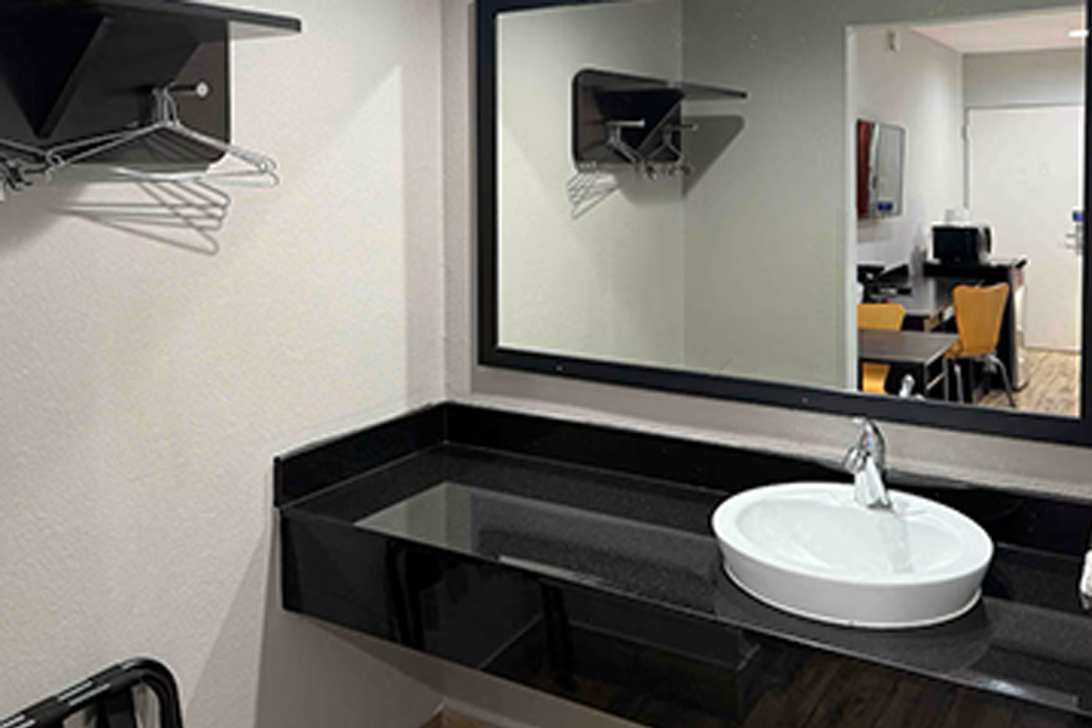 Guest bathroom vanity and mirror